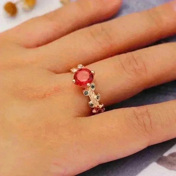 NEW Beautiful 14k Rose Gold Over Silver Ruby Emerald Rose Ring - Picture 3 of 4